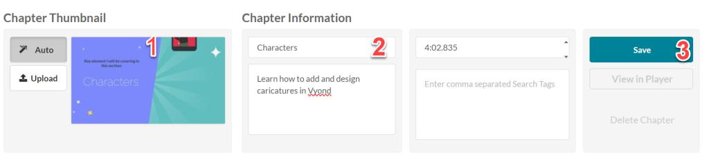 You can add information about the chapter including a title and summary, see the time stamp and select save